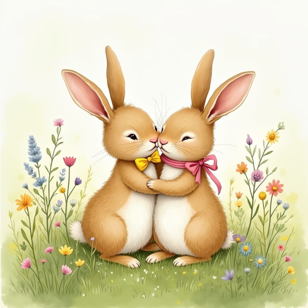 Whimsical Rabbits Share a Warm Embrace in a Lush Meadow