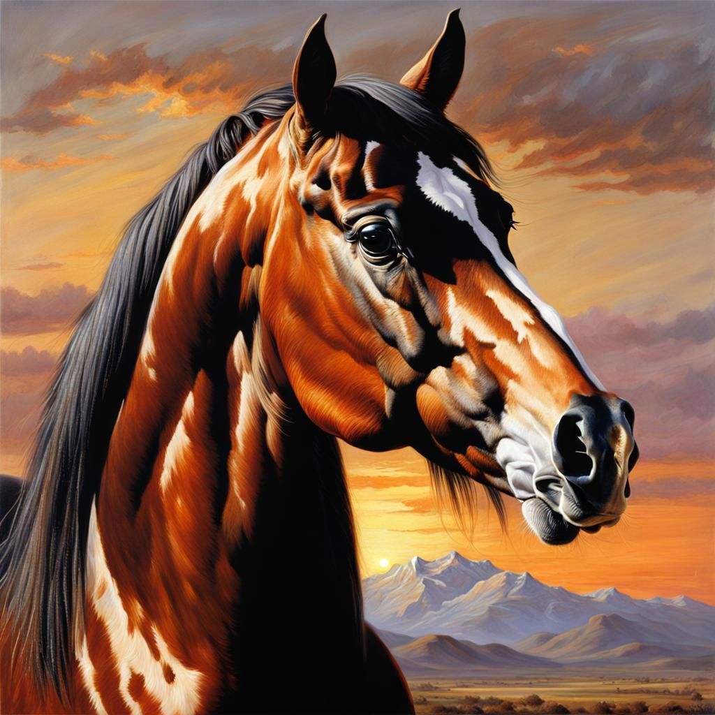 Arabian Horse Portrait at Sunset in Oil Paint