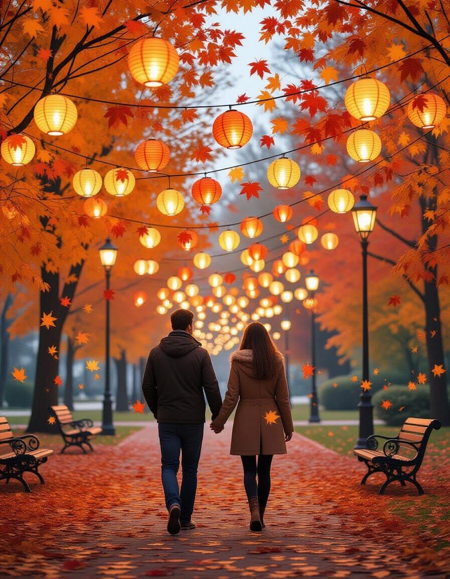 Romantic Autumn Walk Under Lanterns