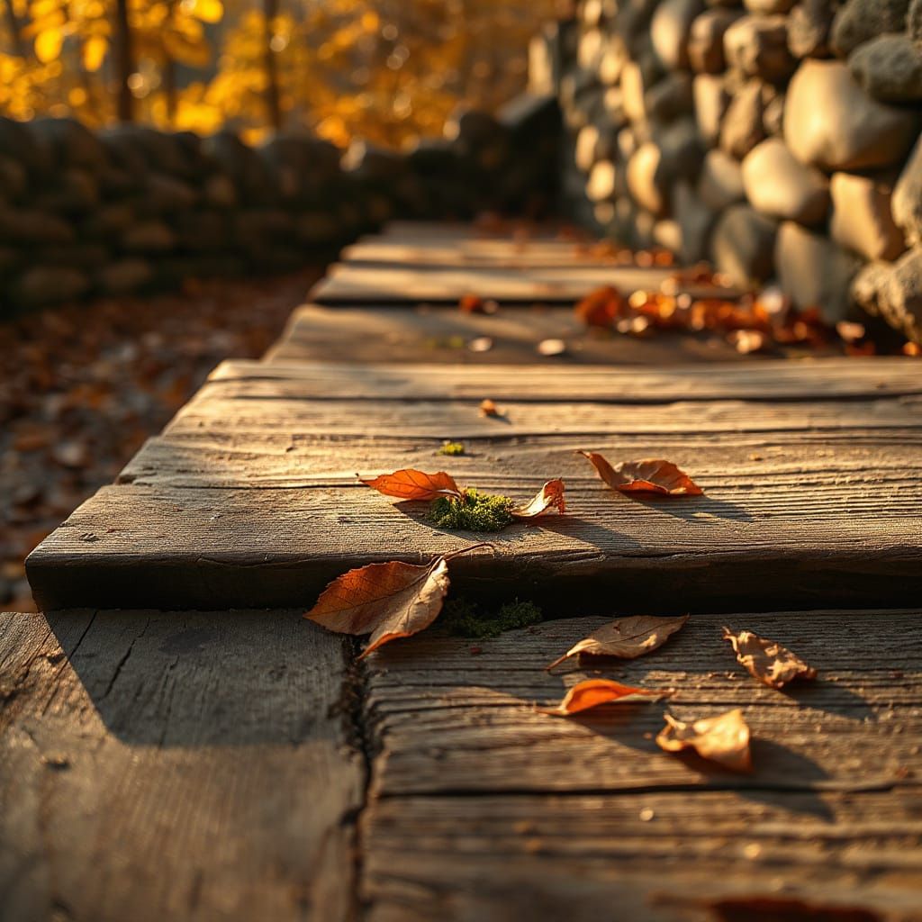 Golden Hour Sunlight on Weathered Wooden Step with Autumn Le...