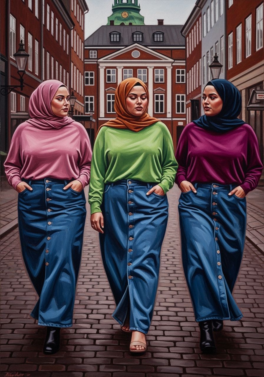 Danish Hijabi Women Walking in Copenhagen as Oil Painting