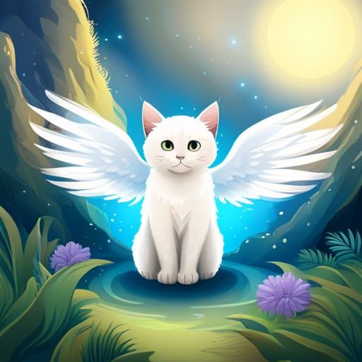 Cute Blue Cartoon Cat with Angel Wings