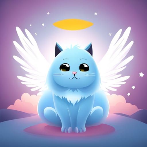 Cute Blue Cartoon Cat with Angel Wings