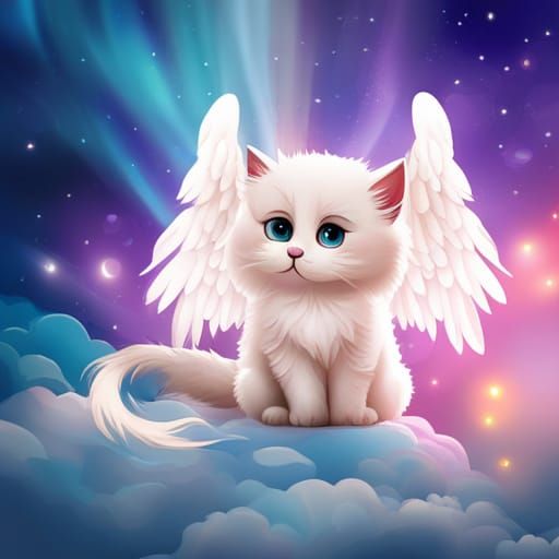Cute Blue Cartoon Cat with Angel Wings