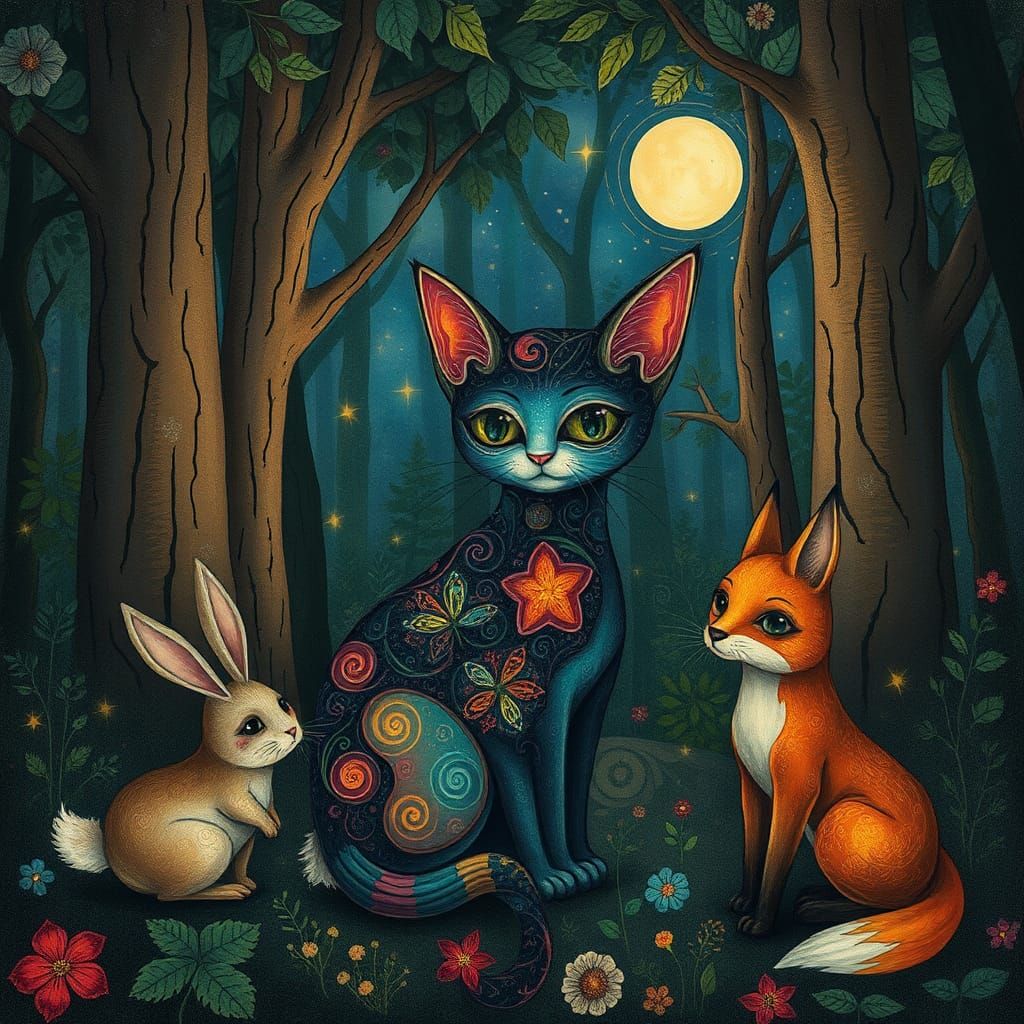 Enchanted Forest Friends: A Whimsical Cubist Illustration