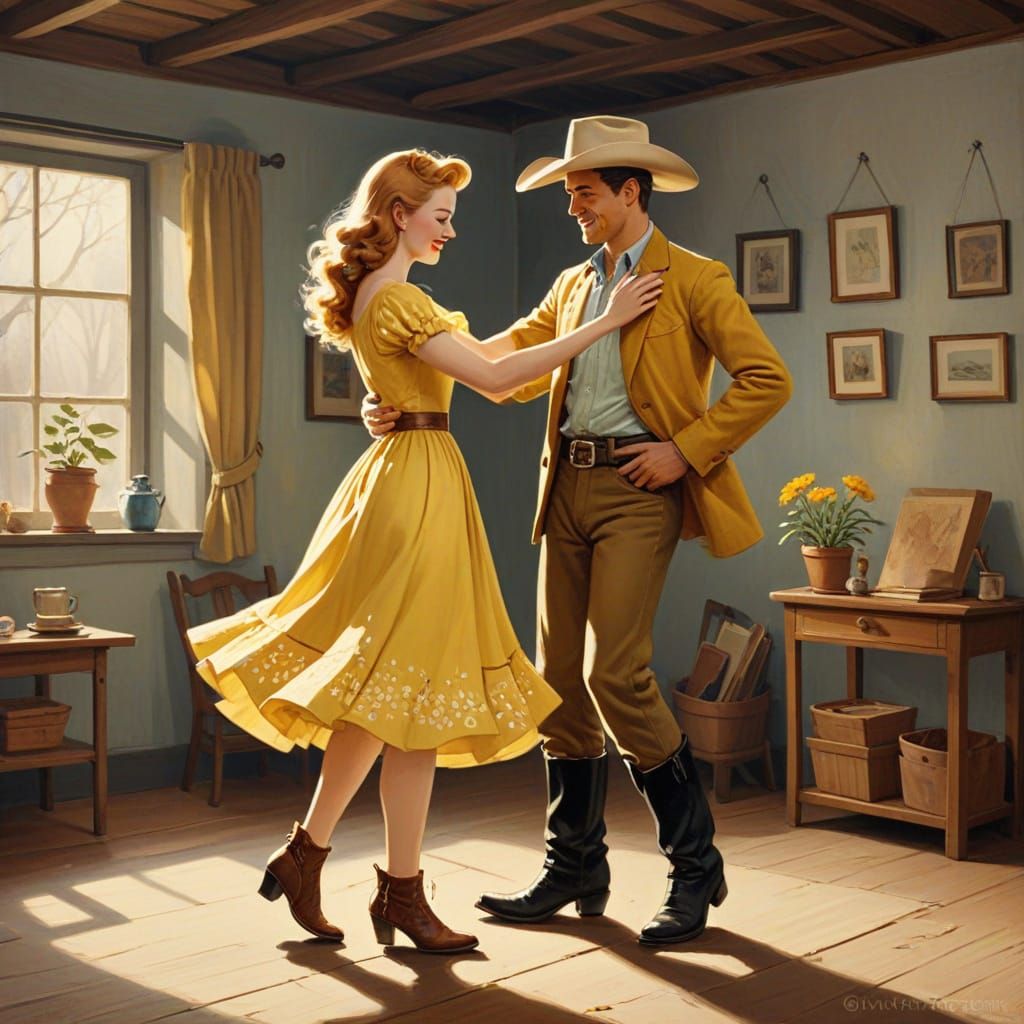 Whimsical Country Dancers in Flowing Yellow Dress