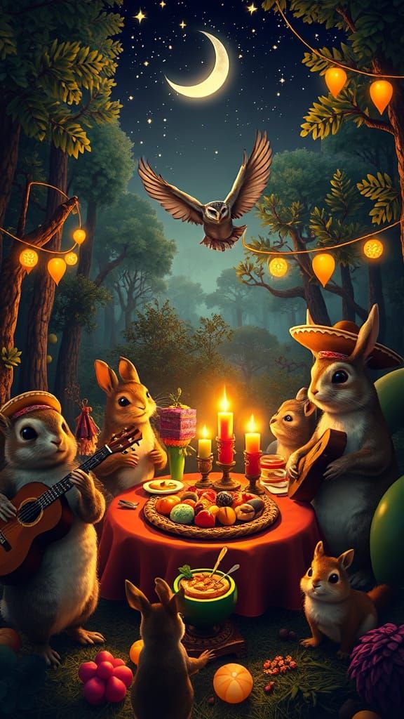 Festive Forest Animals Fiesta Under Starry Sky