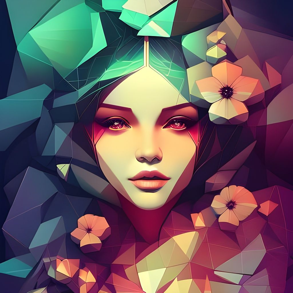 Geometric Fractal Art: Beautiful Woman with Flowers