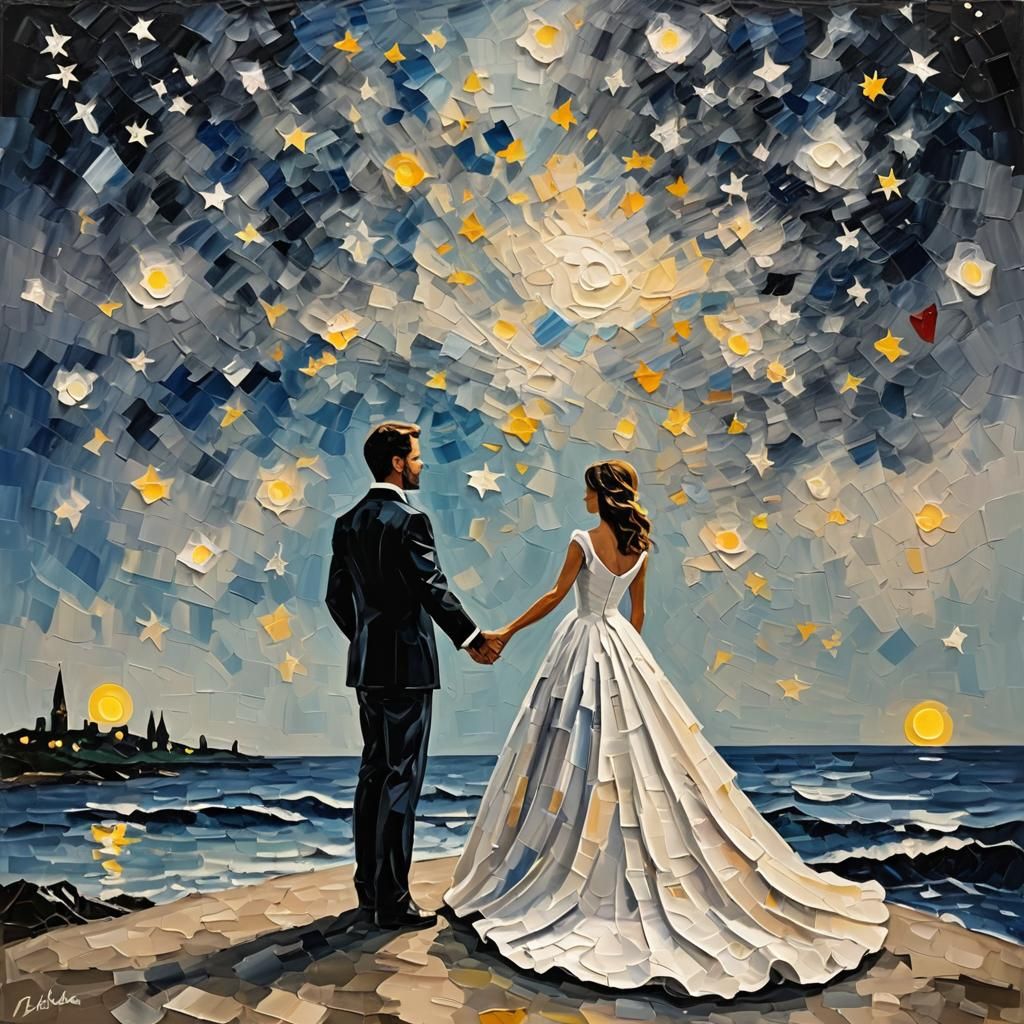 Black and White Lovers Under Starry Sky: Impasto Painting