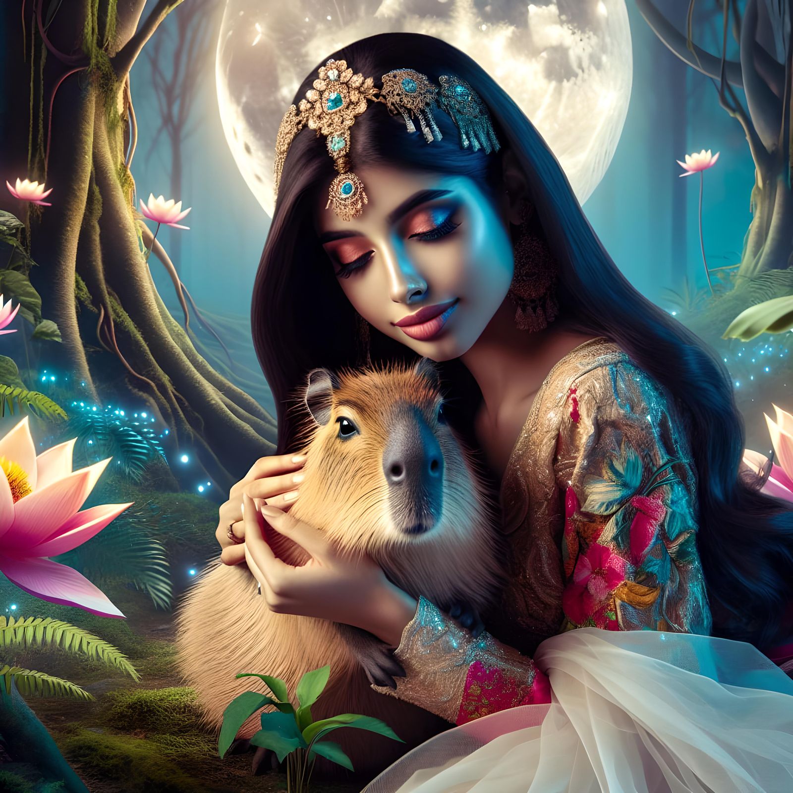 Woman and Capybara in Enchanted Moonlight Forest