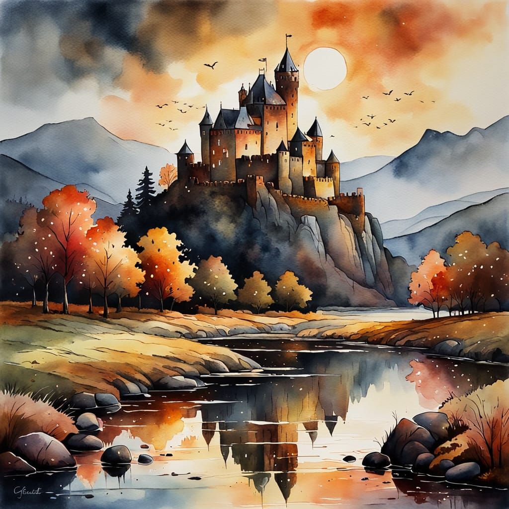 Autumnal Castle in Expressive Watercolour at Dusk