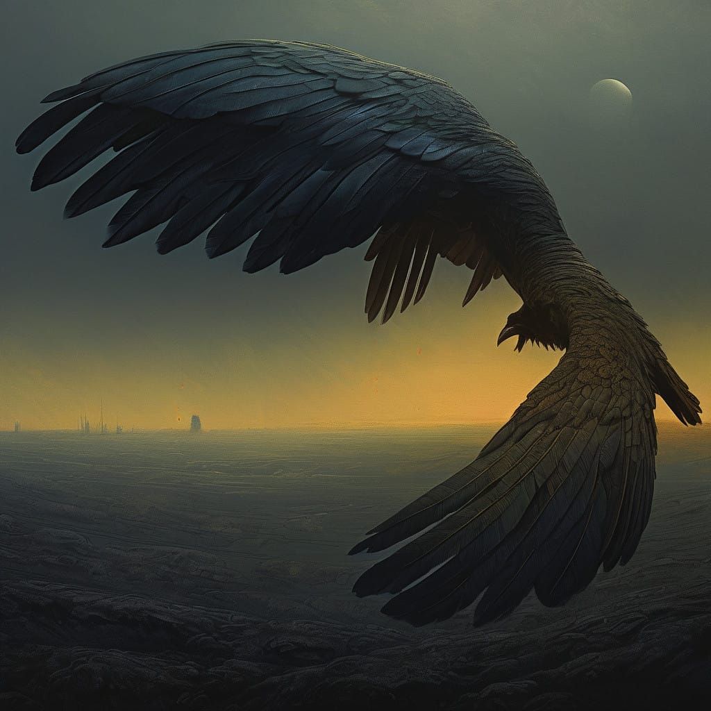 Mysterious Black Bird in Flight Over Infinite Void