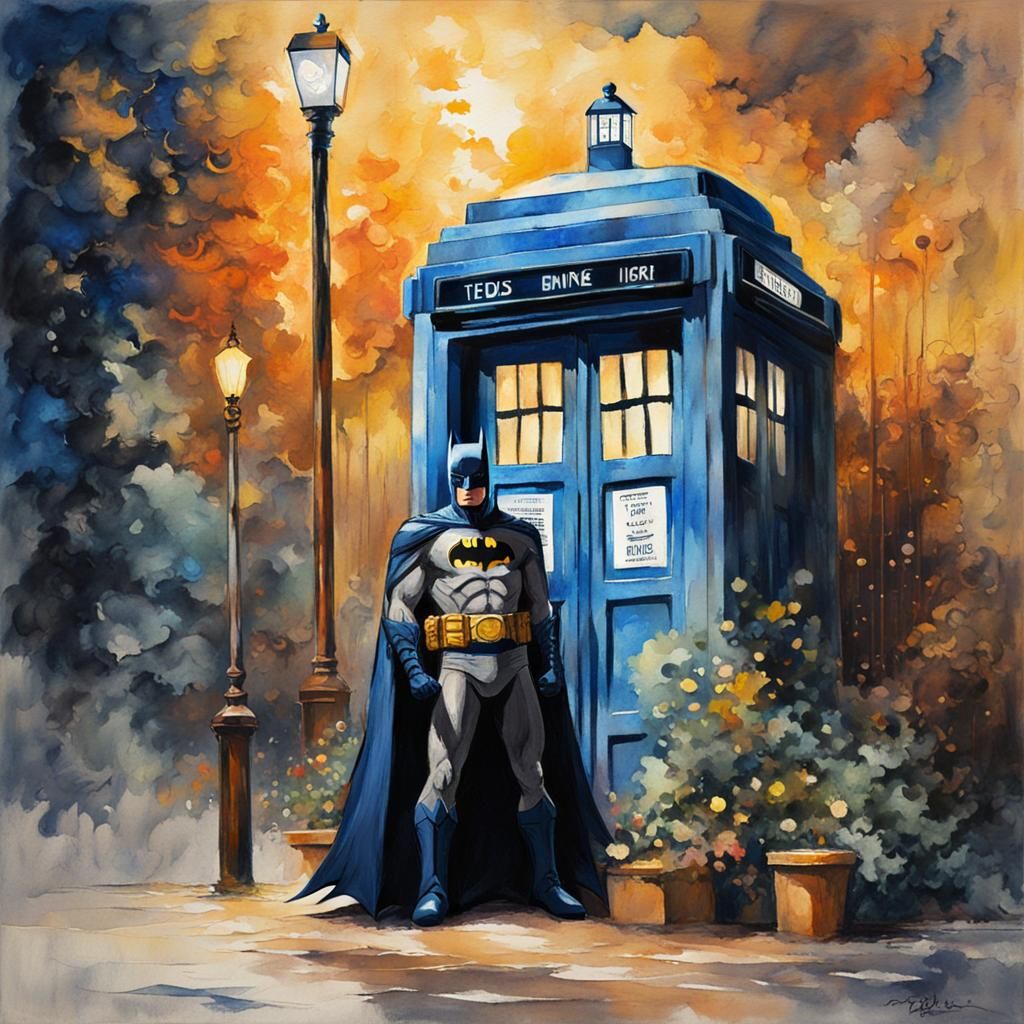 Batman and Tardis in Gouache Impressionist Style