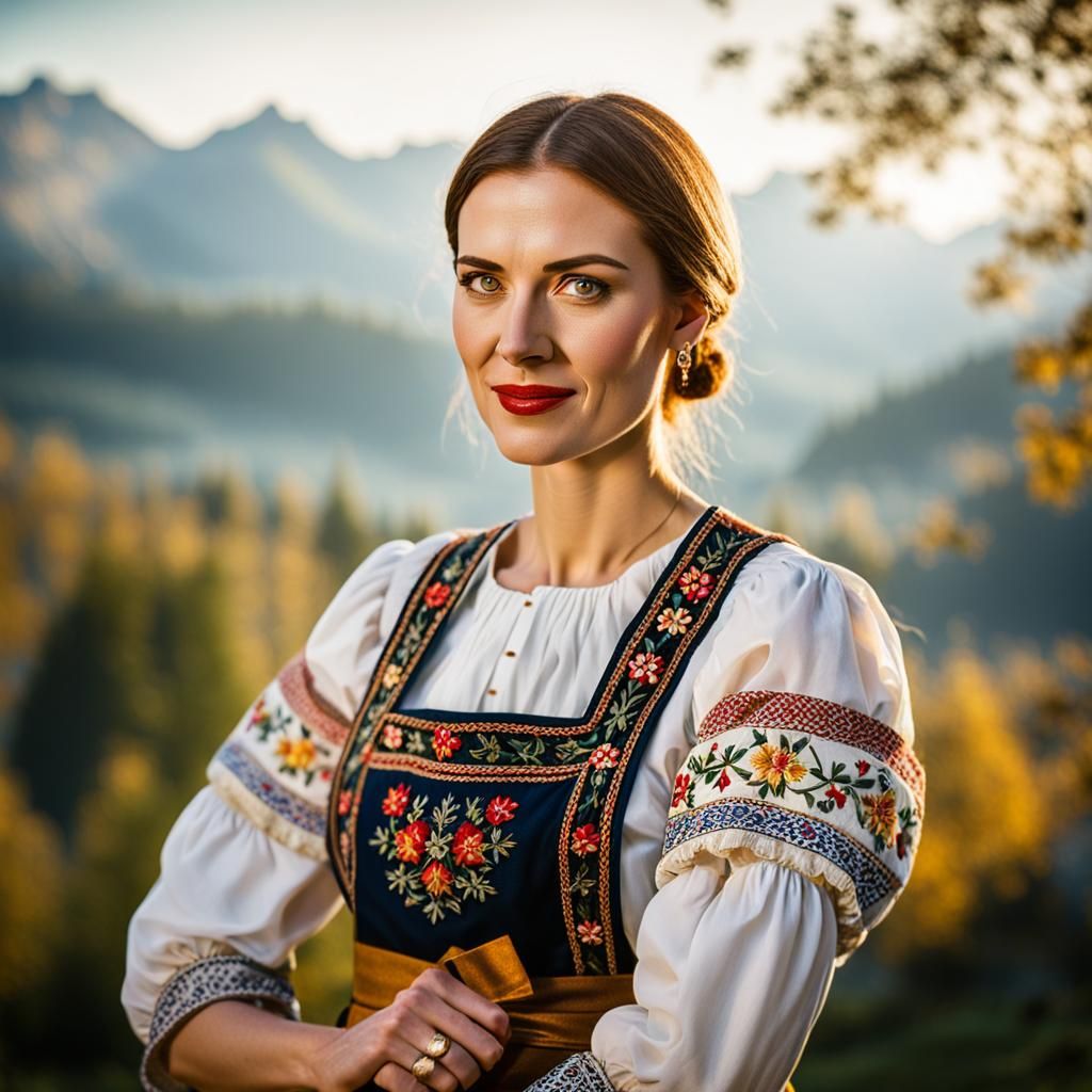 Slovenian Woman in Traditional Attire, Photorealistic Portra...