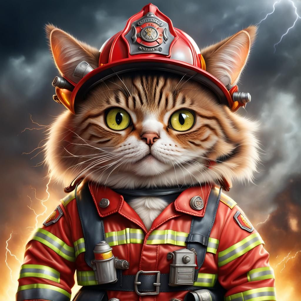 Funny Firefighter Cat in Epic Fantasy Style