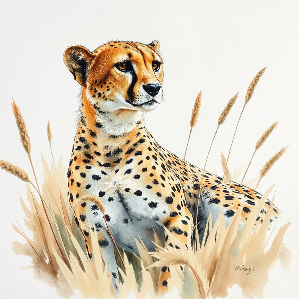 Cheetah in Dried Grass as Watercolour Painting