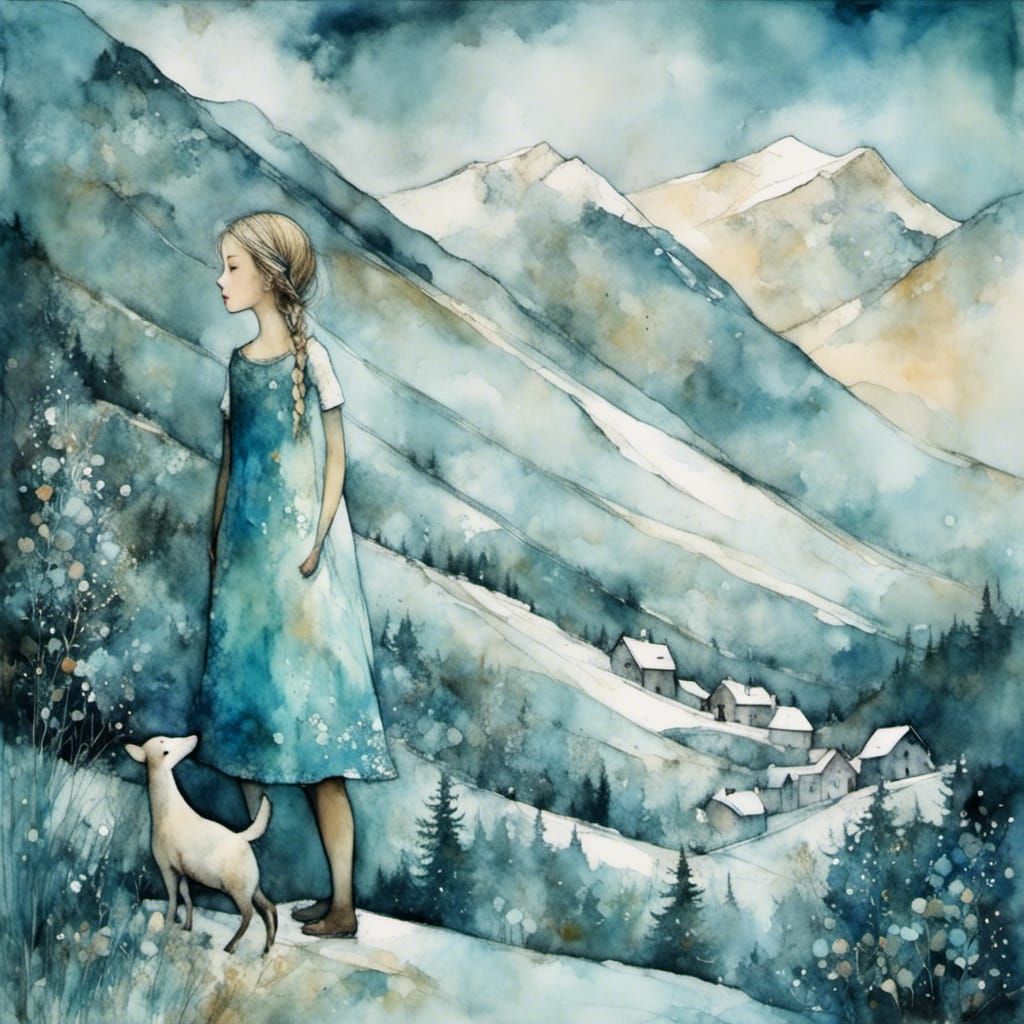 Girl in Mountain Landscape in Liquid Ink Style