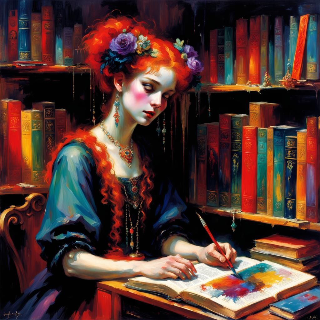 Gothic Bookshelf in Dreamcore Academic Art Style