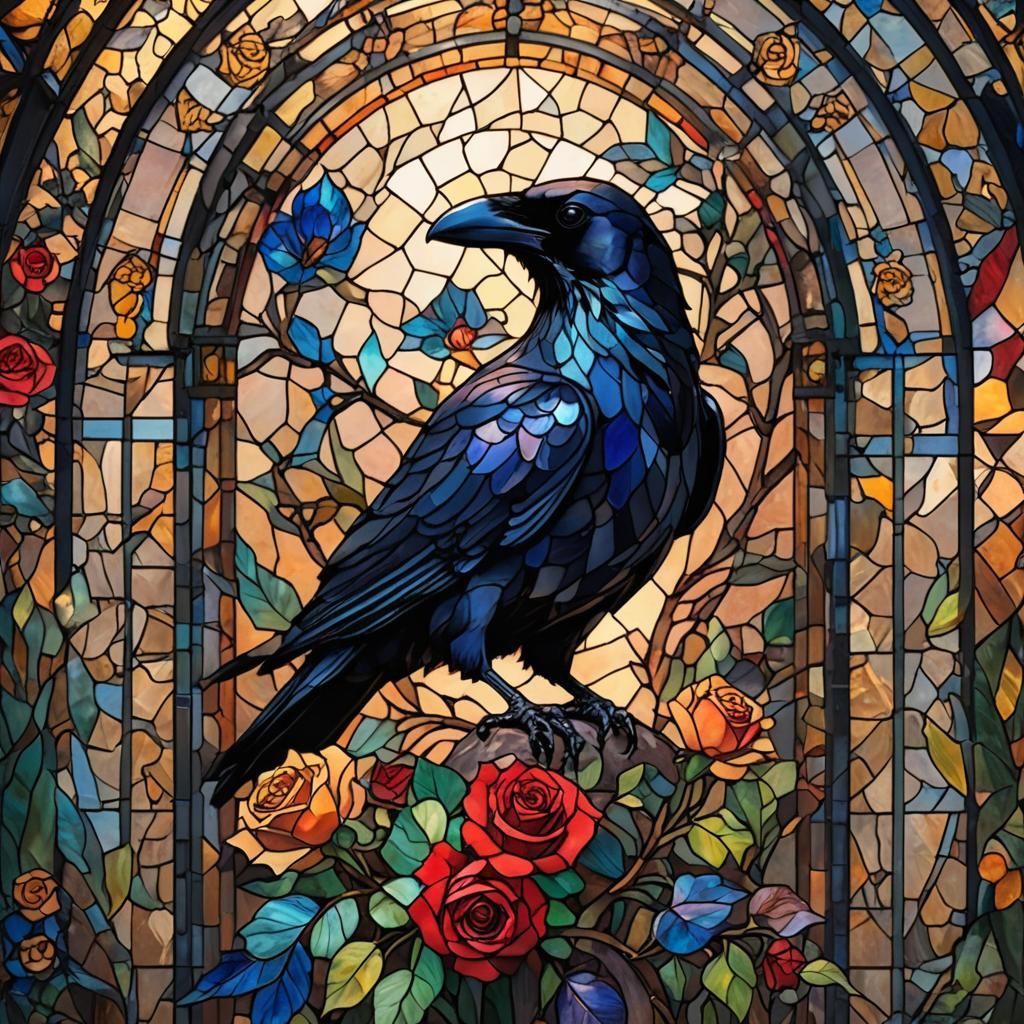 Stained Glass Raven, Skull and Rose Mosaic