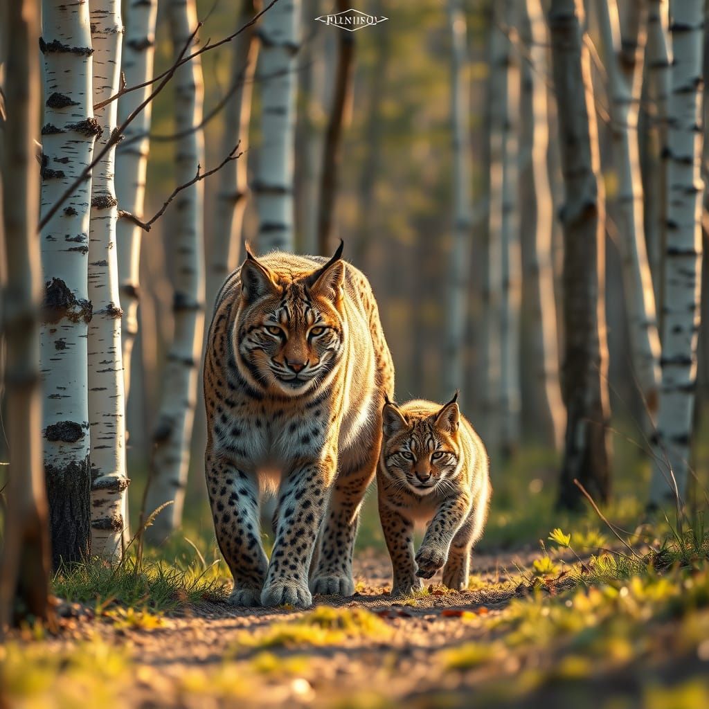 Lynx Mother and Baby in Warm Summer Birch Forest