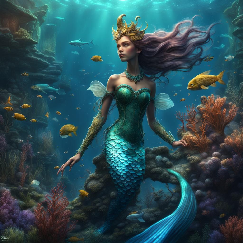 Underwater Mermaid Fairy Fantasy in Detailed Painting
