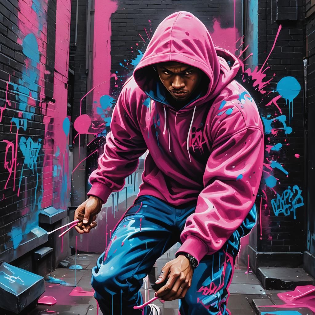 Brutal Man in Pink Hoodie: Graffiti Art