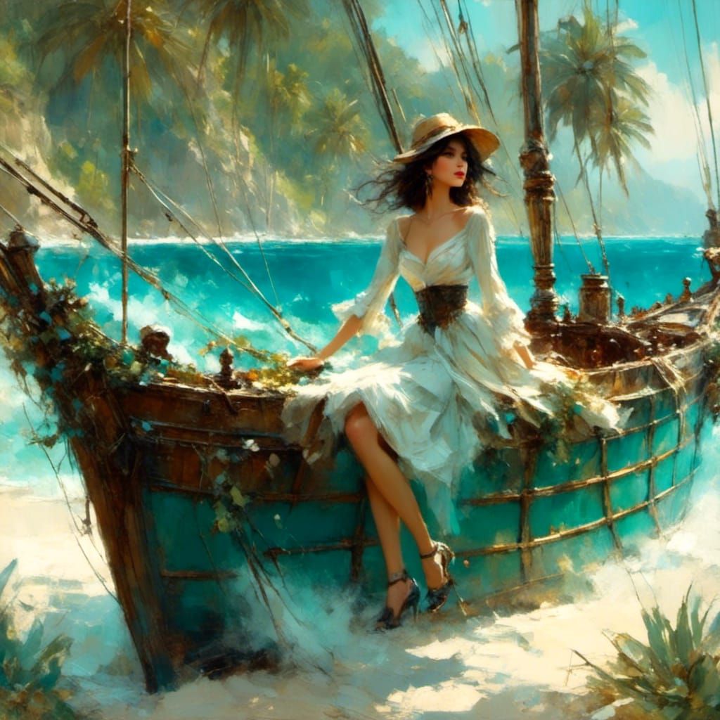 Adventurous Woman Sailing in Turquoise Waters