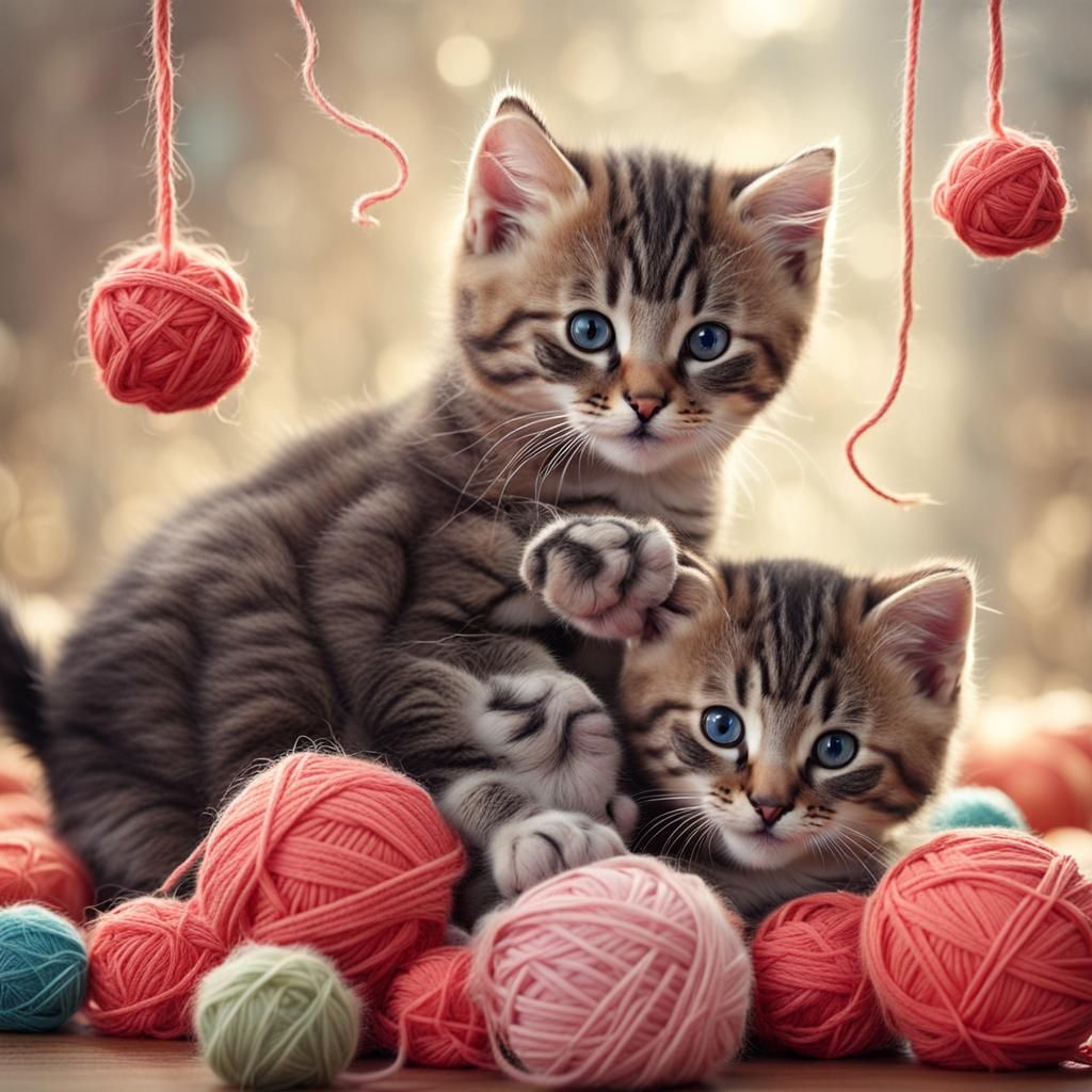 Cute Kittens Playing with Wool Balls