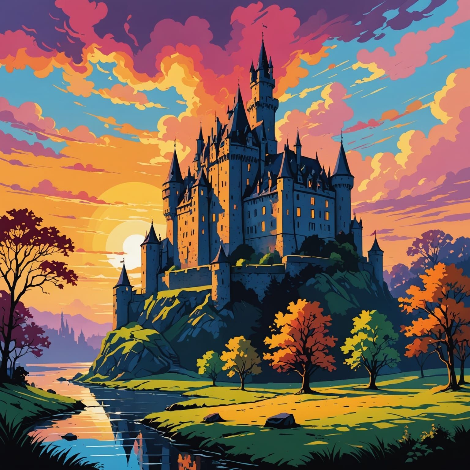 Colorful Castle at Dawn as a Constable Painting