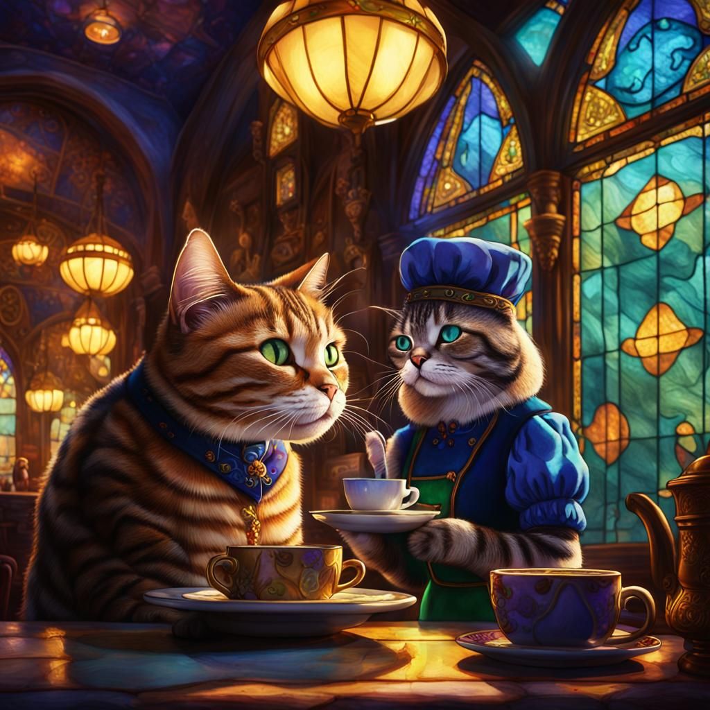 Dwarf Cat Waitress Serves Coffee in Art Nouveau Cafe