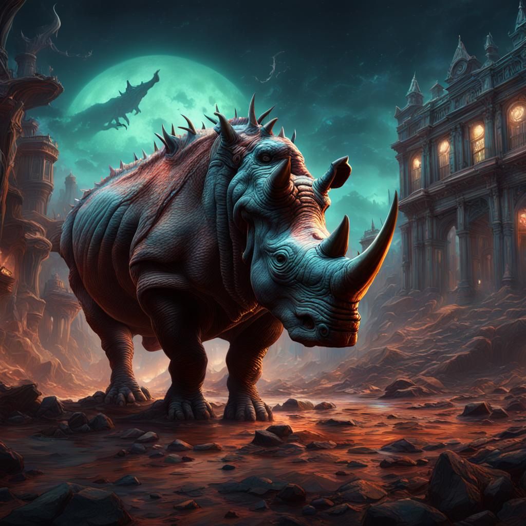 Lovecraftian Cronenberg Rhinoceros: Detailed Fantasy Concept