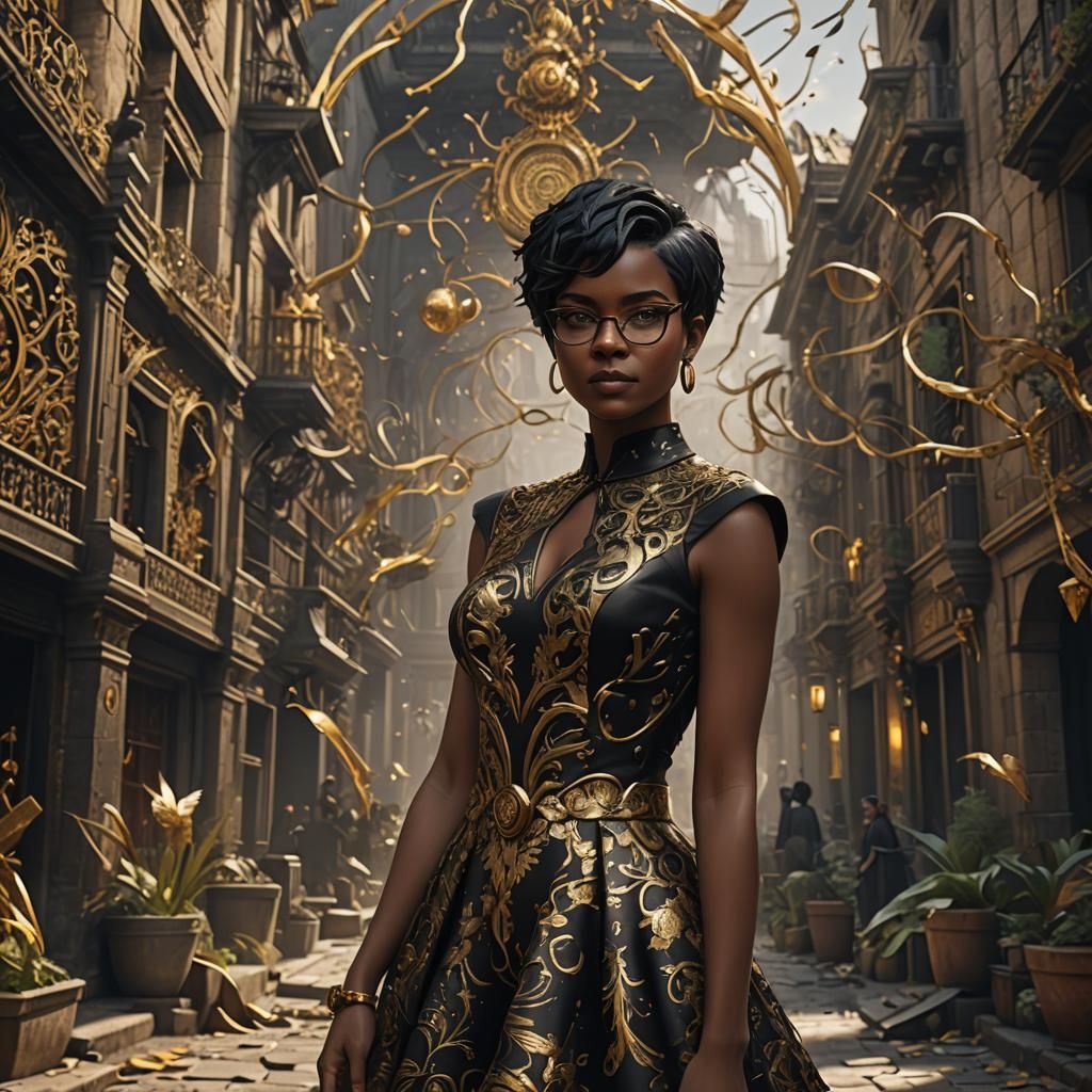 Black Girl in Gold Dress: Matte Painting Style