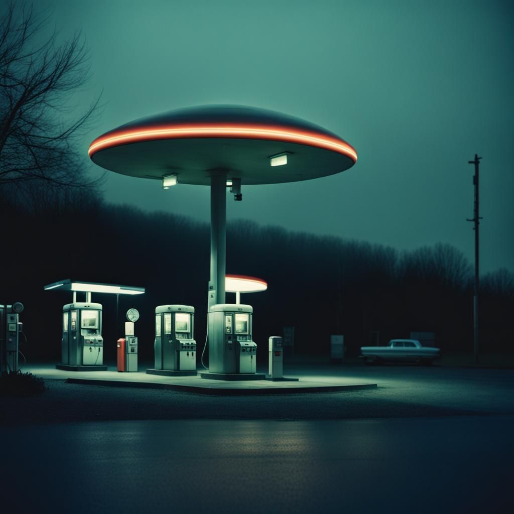 Alien Gas Station at Night in Horror Film Style