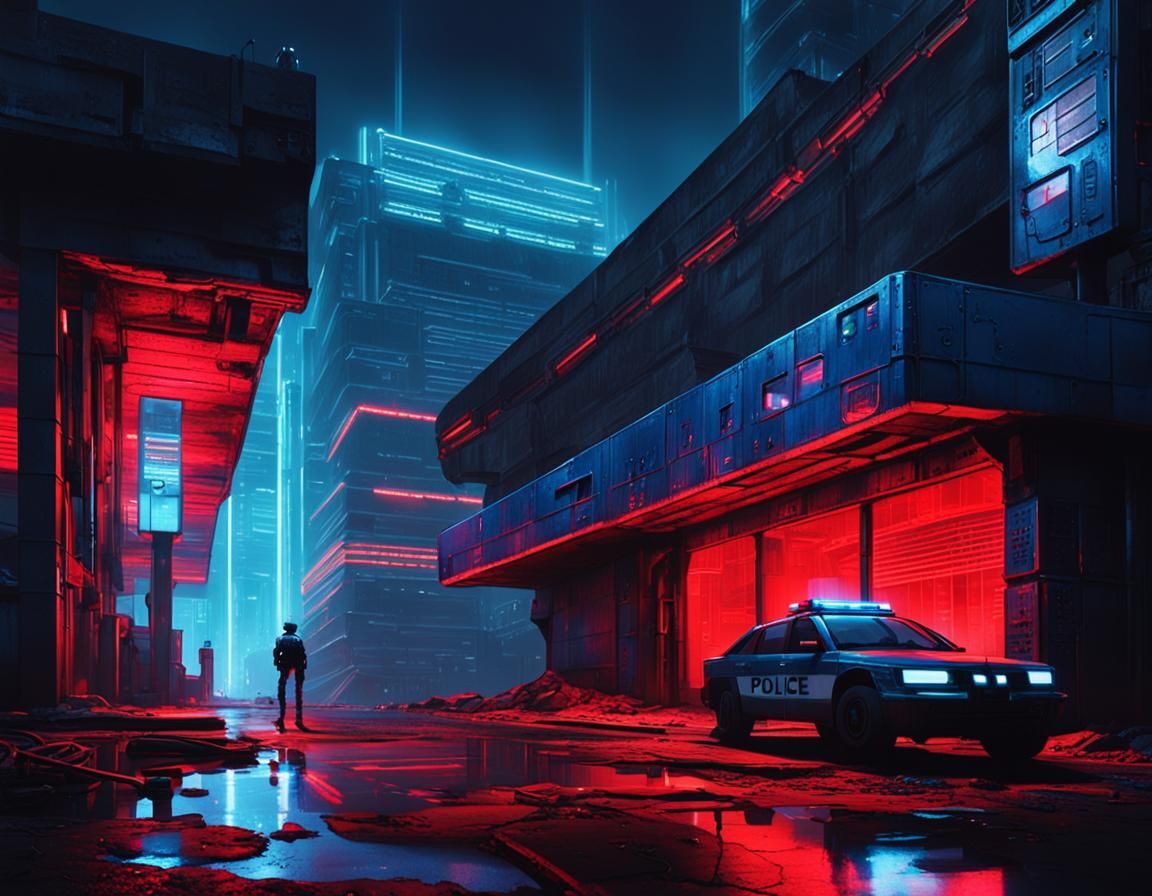 Cyberpunk Futuristic Police Station in Dystopian Hyderabad