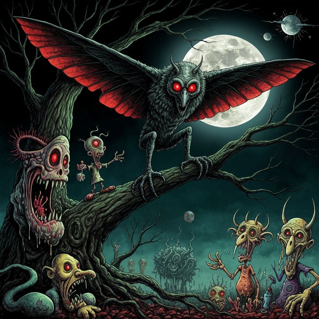 Mothman on Gnarled Tree Under Full Moon