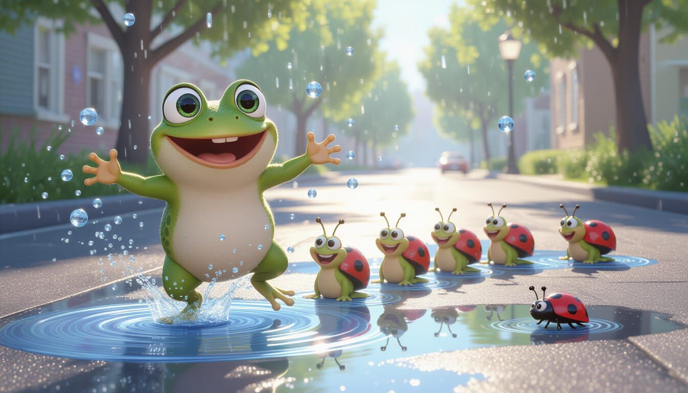 Joyful Frog's Puddle-Jumping Polka in Pixar Style