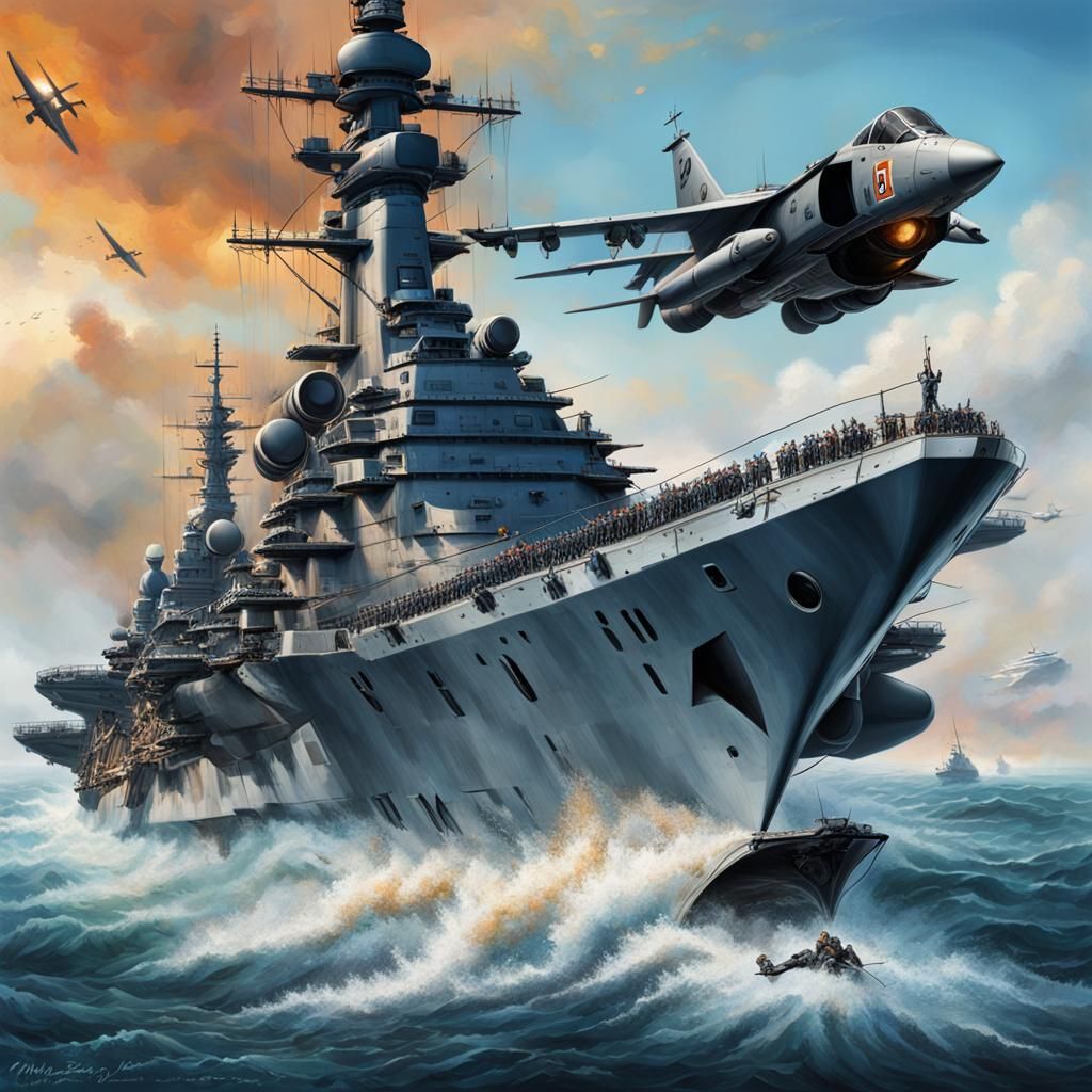 Battleship with Jet, Hyperrealistic Splash Art