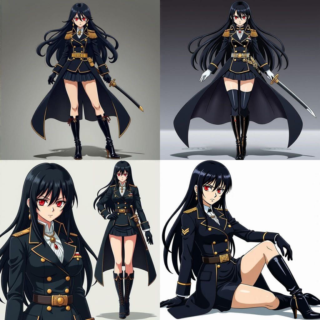 Anime Female Admiral in Black Uniform With Sword