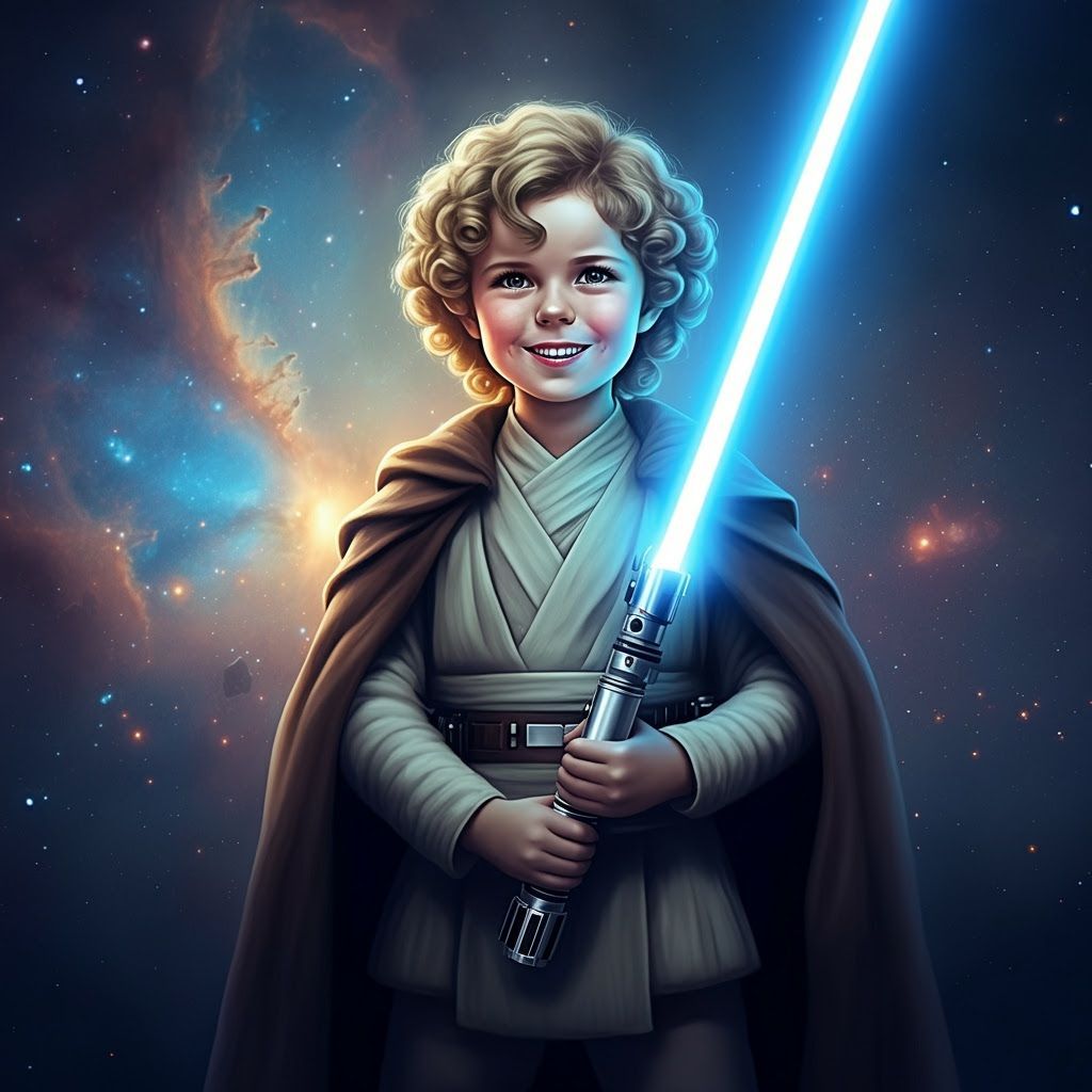 Shirley Temple as Jedi with Blue Lightsaber in Starfield