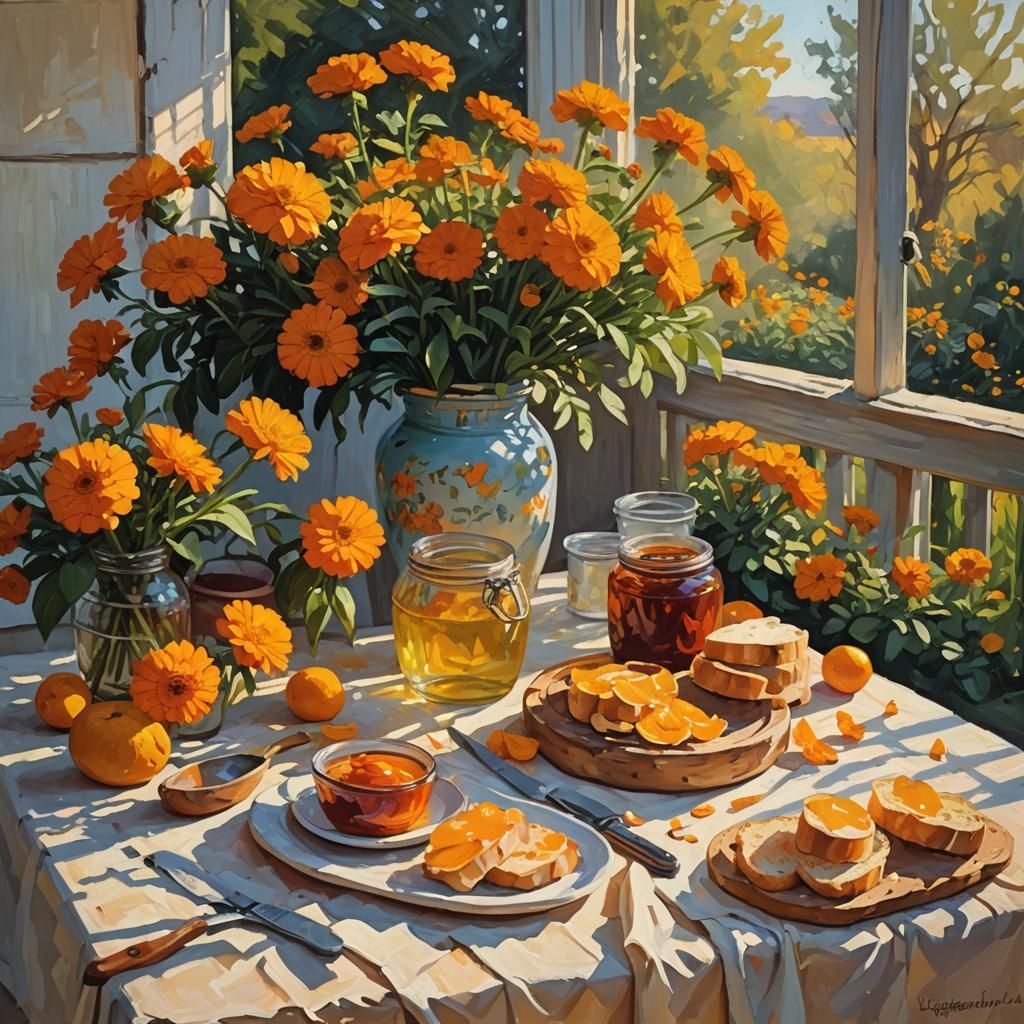 Orange Flowers and Ginger Cat, Impasto Oil Painting