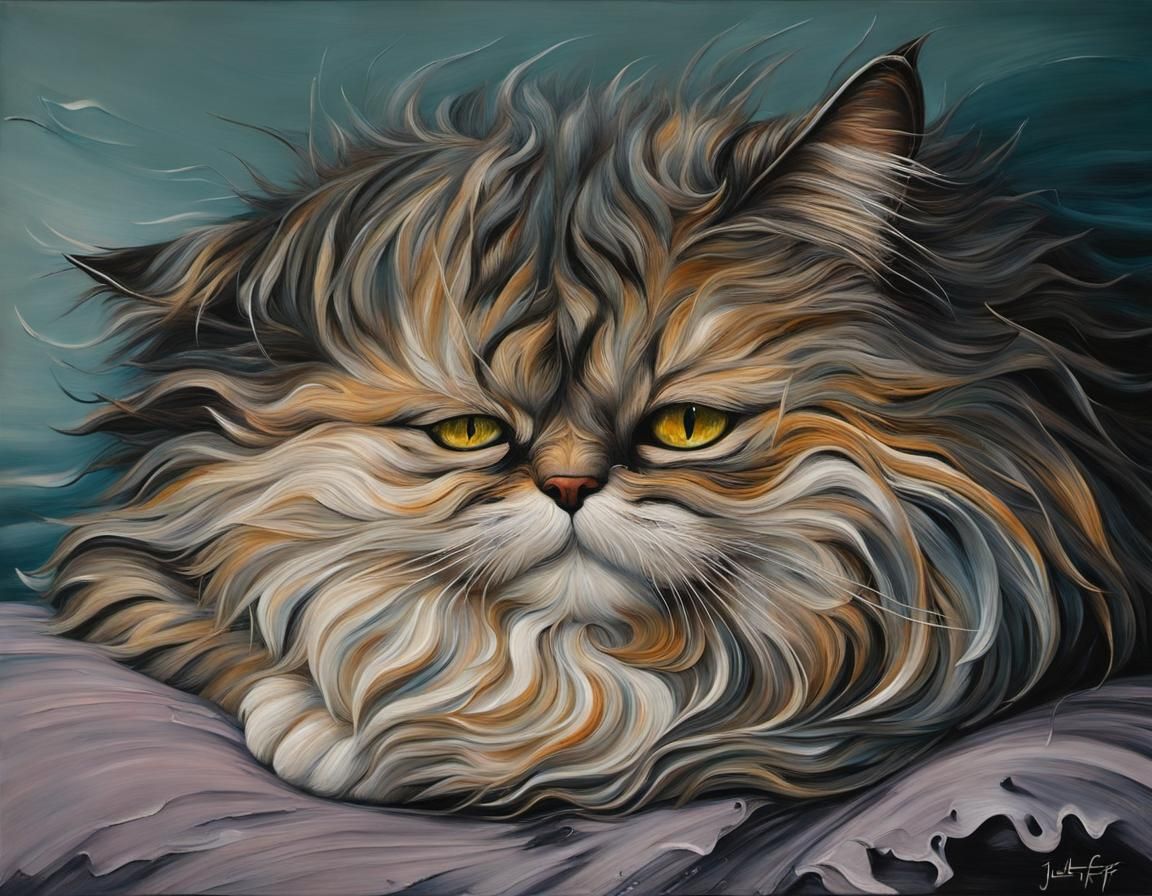 Fluffy Cat Acrylic Painting in Contemporary Style