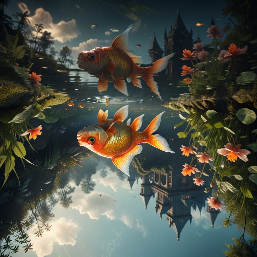 Epic Digital Goldfish Pond Scene in Cinematic Style