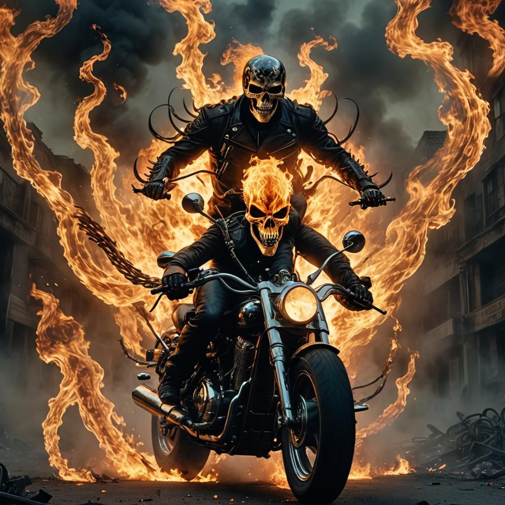 Ghost Rider Motorcycle Ride in Eerie Dystopian Style