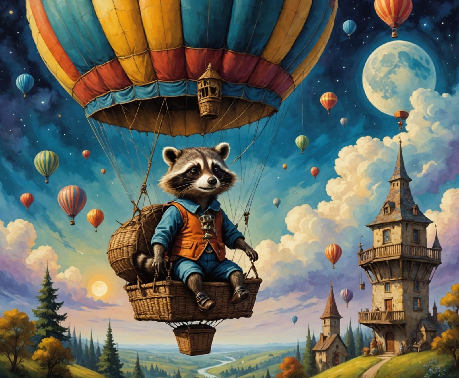 Raccoon in Pantaloons Ballooning Over the Moon