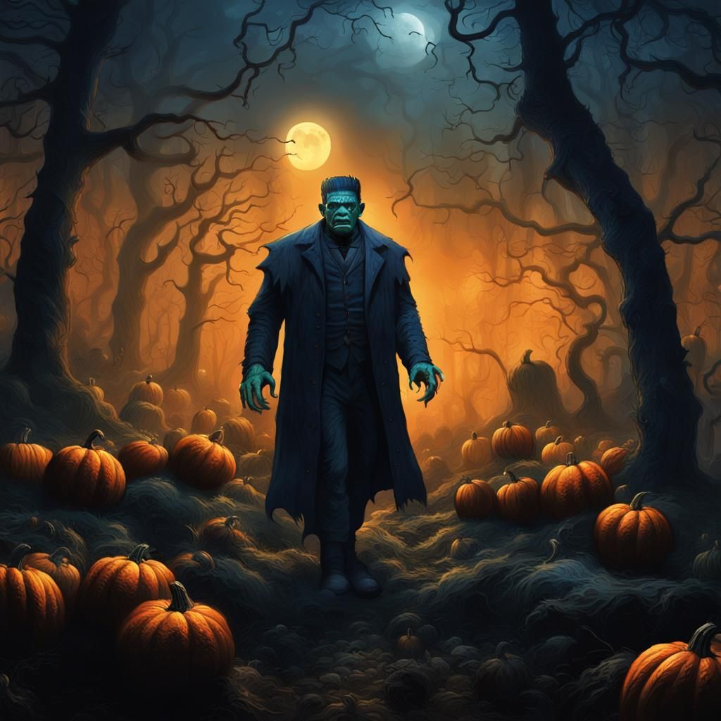 Frankenstein's Monster in Misty Halloween Forest