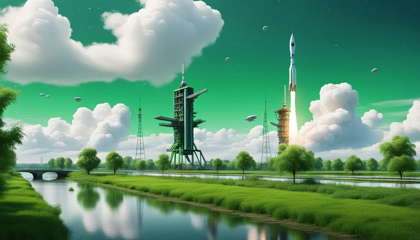 Green Alien Sky With Rocket Launchpad