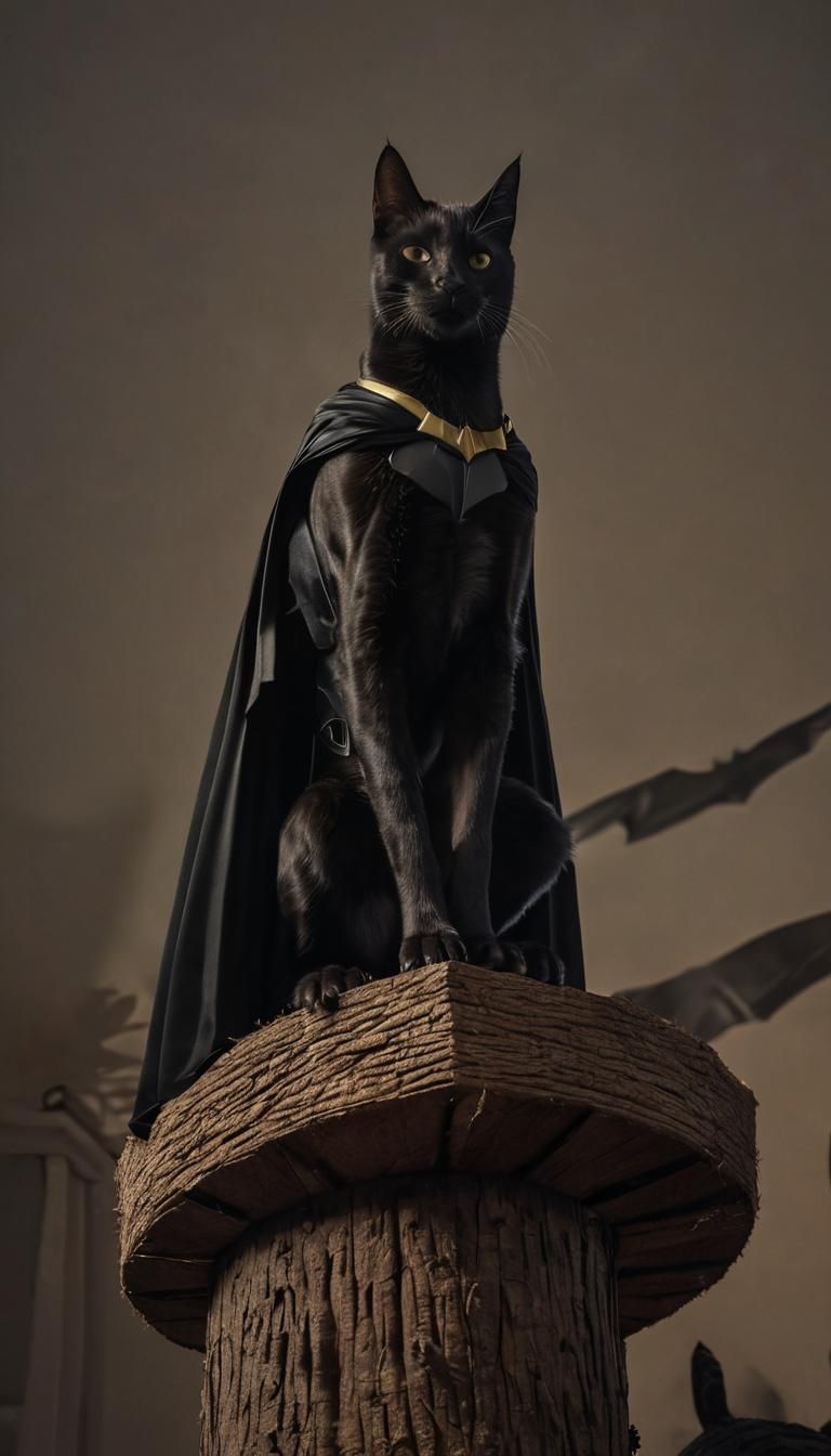 Cat Dressed as Batman on Cat Tree
