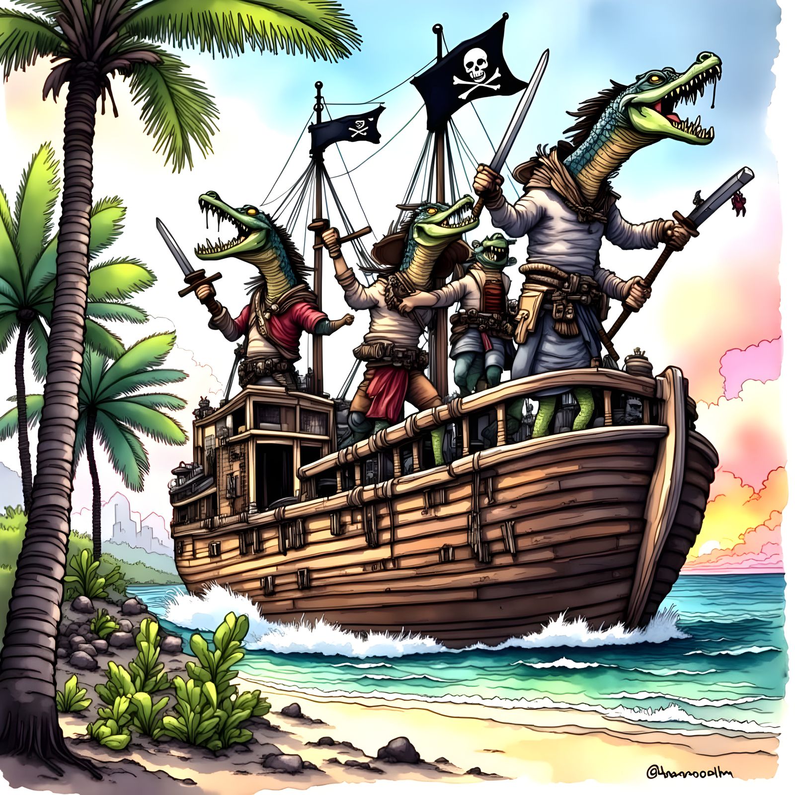 Muted Neon Alligator Pirates Storm Tropical Beach