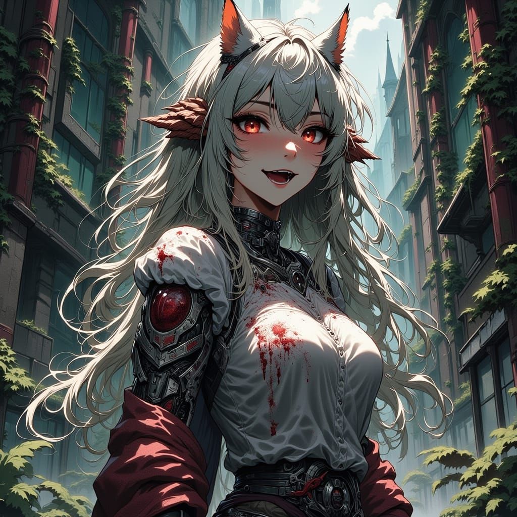 Exhausted Bio-Mechanical Warrior in Dark Sci-Fi