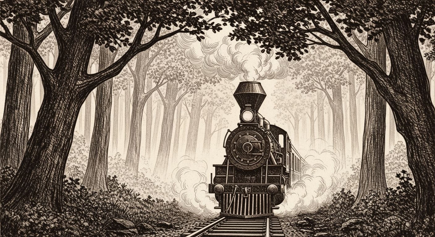 Sepia Etching of a Historic Steam Train in a Misty Forest